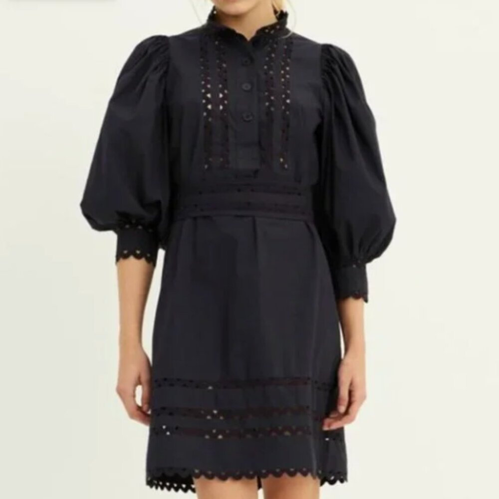 Antik Batik Black Broderie Anglaise Puff-Sleeve Mini Dress